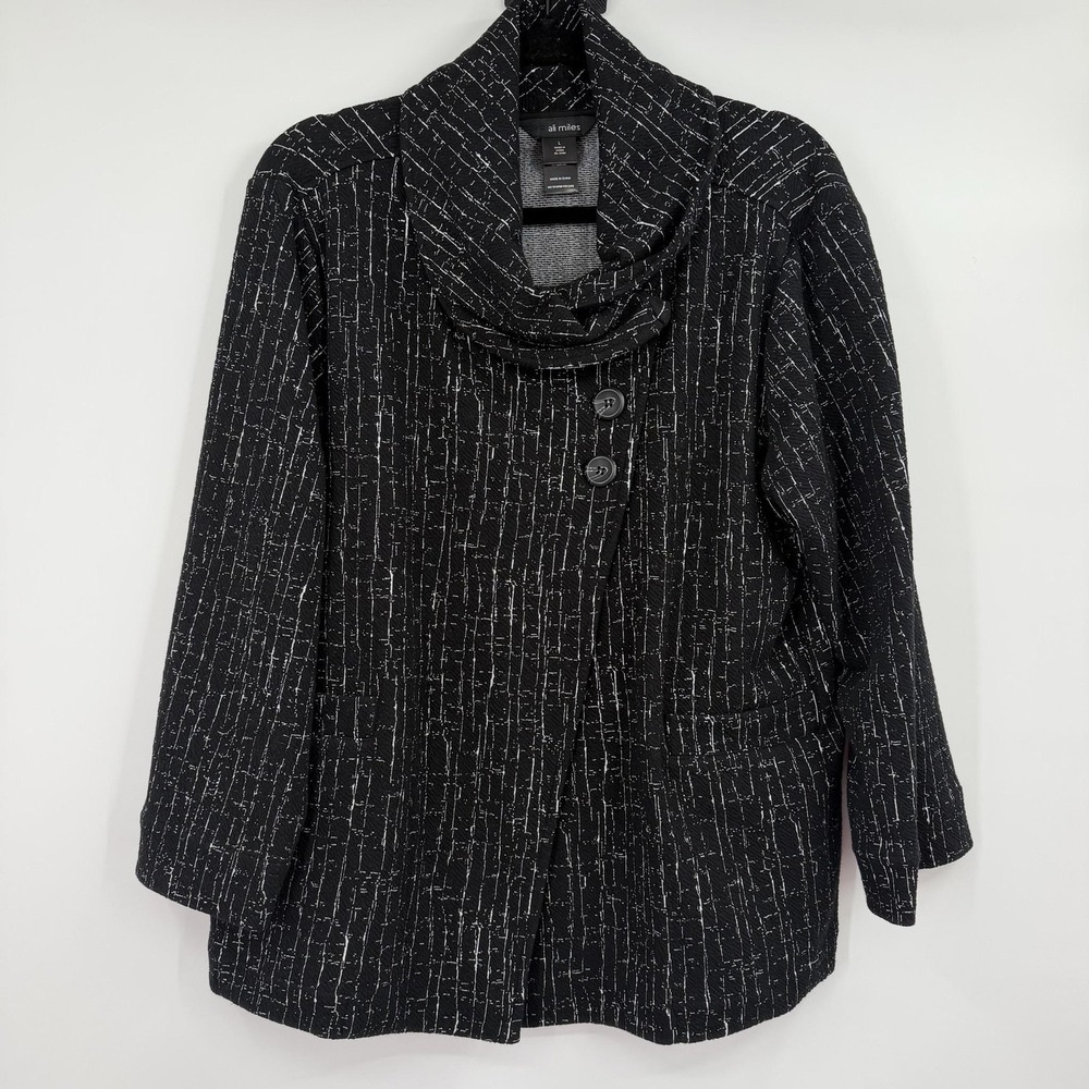 Ali Miles Coatigan Womens Large Black Striped Collared Pockets Button Stretch